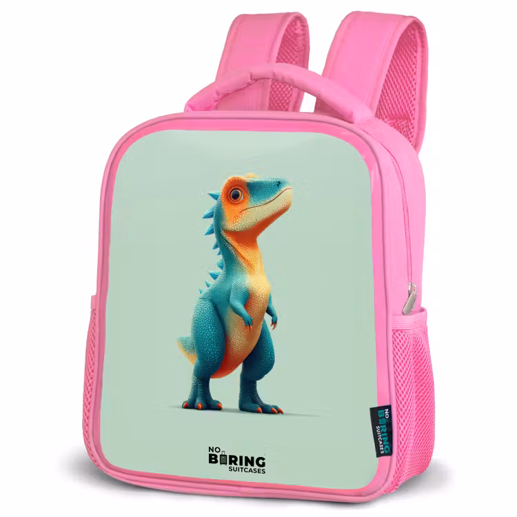 Dino - Dier - Groen - Oranje Kinderrugzak - Roze middel -schuin
