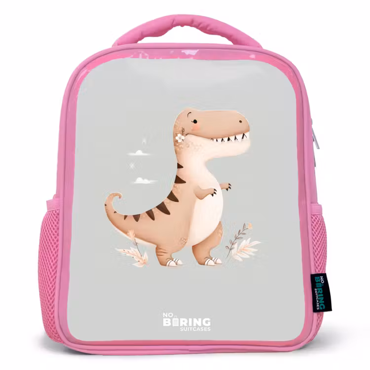 Dino in beige en grijze kleuren Kinderrugzak - Roze middel -3d