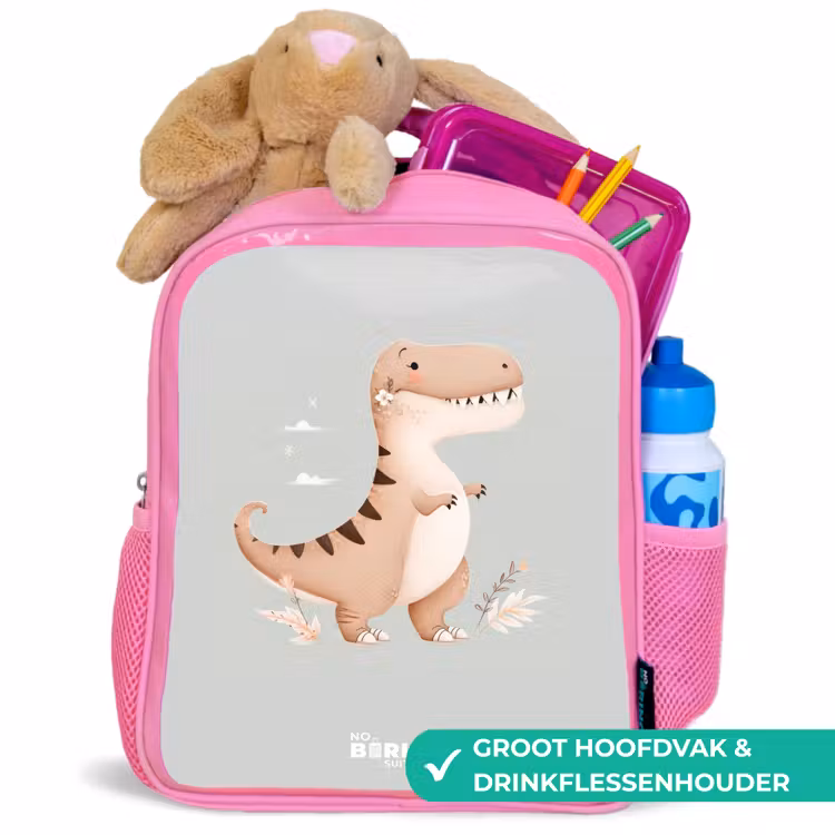 Dino in beige en grijze kleuren Kinderrugzak - Roze middel -inhoud_NL