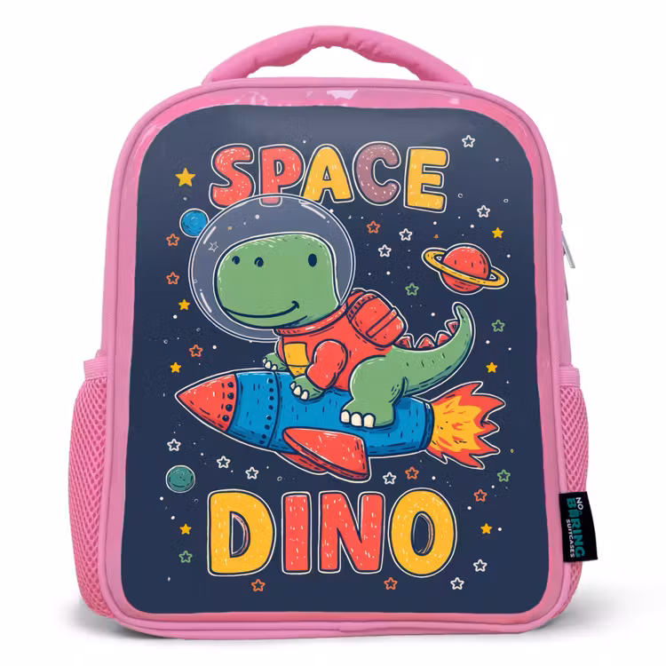 Dino - Raket - Kleurrijk Kinderrugzak - Roze middel -3d