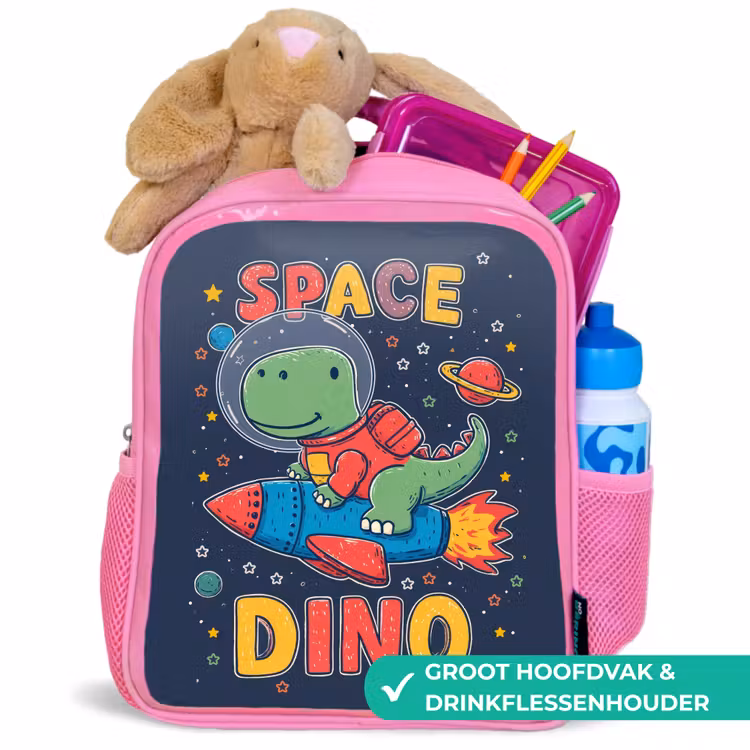 Dino - Raket - Kleurrijk Kinderrugzak - Roze middel -inhoud_NL