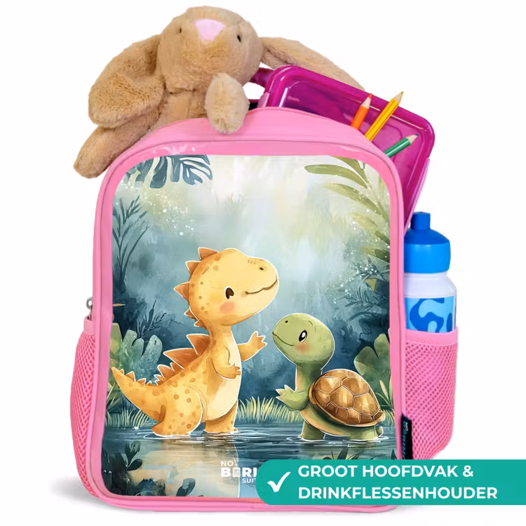 Dino - Schildpad - Jungle Kinderrugzak - Roze middel -inhoud_NL