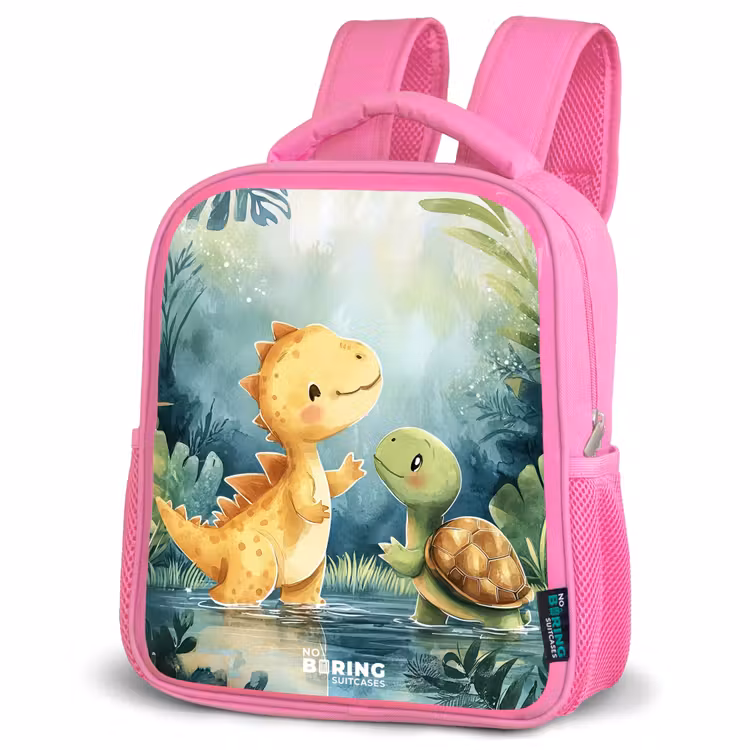 Dino - Schildpad - Jungle Kinderrugzak - Roze middel -schuin