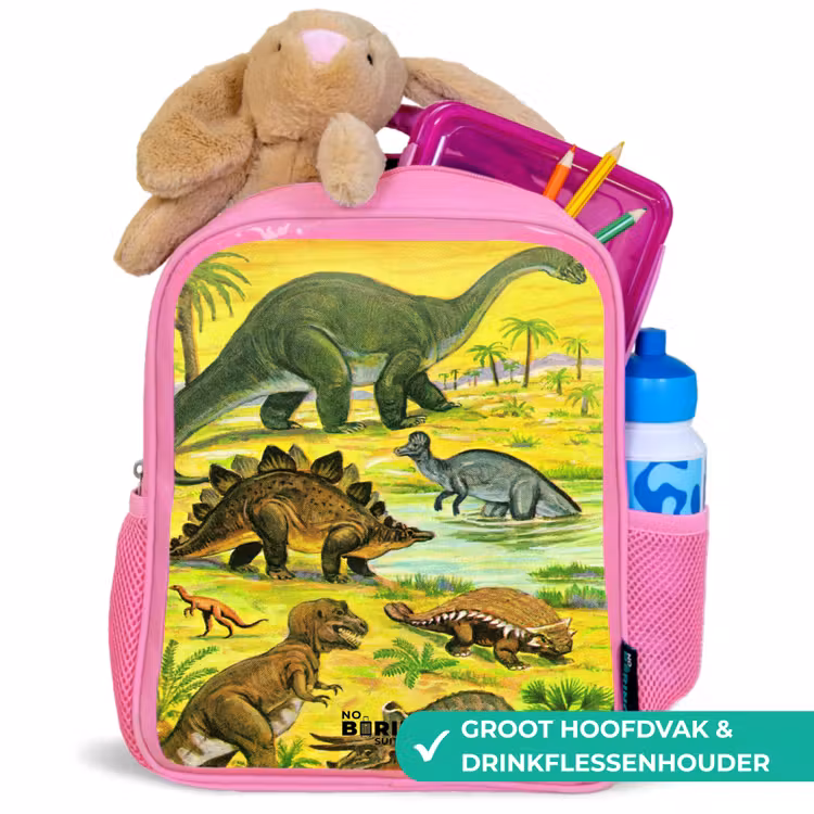 Dino's bij het water Kinderrugzak - Roze middel -inhoud_NL