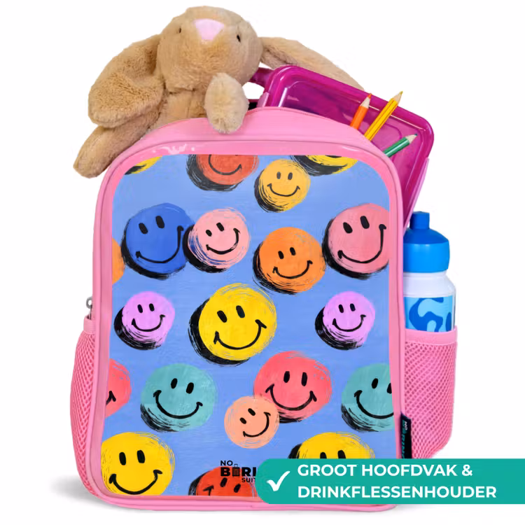 Een speels en kunstzinnig patroon van kleurrijke smileys Kinderrugzak - Roze middel -inhoud_NL
