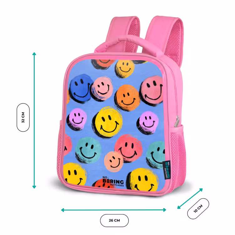 Een speels en kunstzinnig patroon van kleurrijke smileys Kinderrugzak - Roze middel -productfoto_formaten