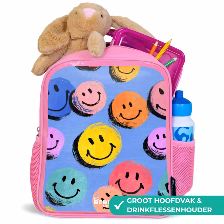 Een speels en kunstzinnig patroon van kleurrijke smileys Kinderrugzak - Roze middel -inhoud_NL