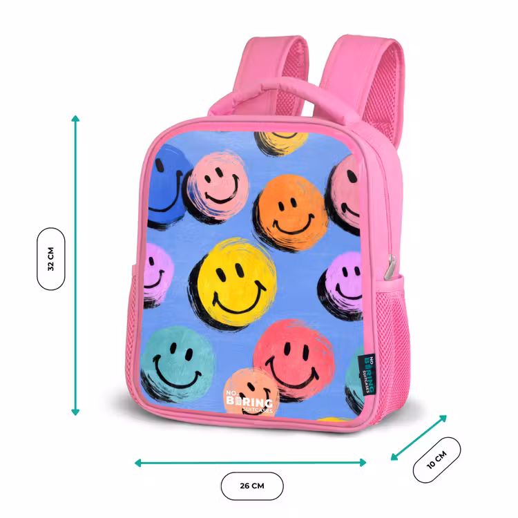 Een speels en kunstzinnig patroon van kleurrijke smileys Kinderrugzak - Roze middel -productfoto_formaten