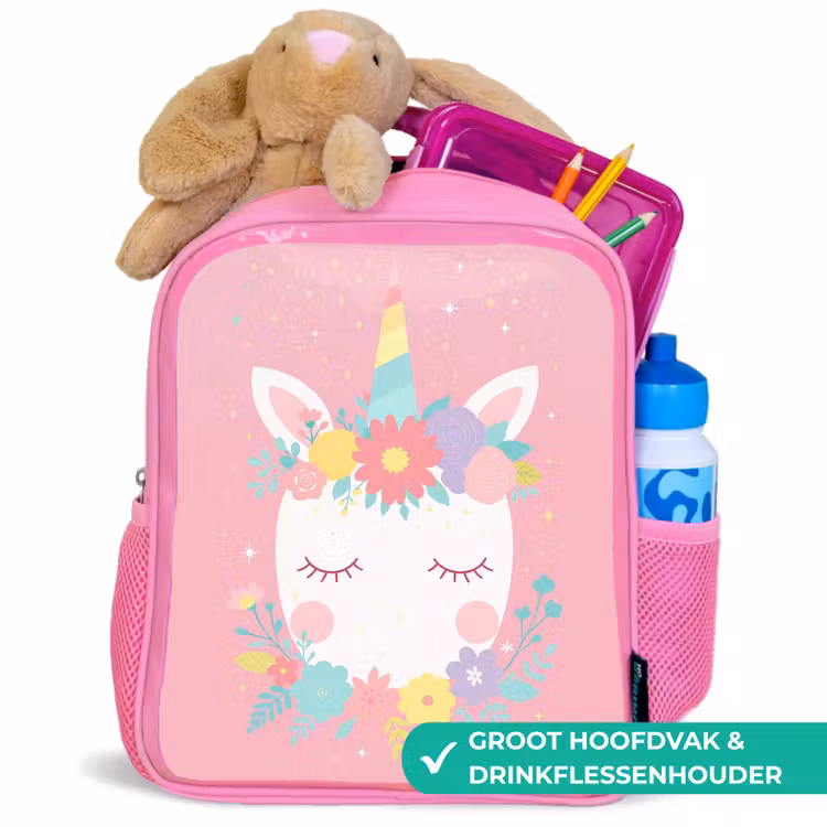 Eenhoorn - Bloemen - Roze Kinderrugzak - Roze middel -inhoud_NL
