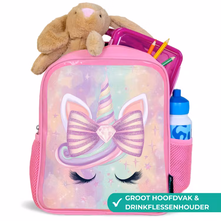 Eenhoorn - Glitters - Regenboog - Pastel Kinderrugzak - Roze middel -inhoud_NL