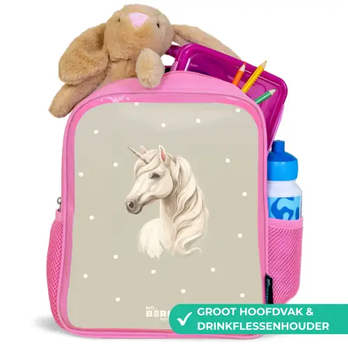 Eenhoorn omringd door stippen in neutrale kleuren Kinderrugzak - Roze middel -inhoud_NL