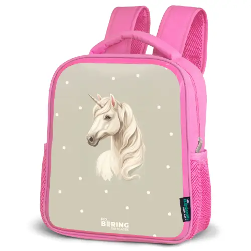 Eenhoorn omringd door stippen in neutrale kleuren Kinderrugzak - Roze middel -schuin