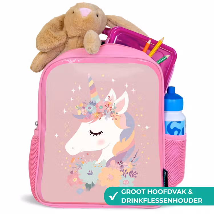 Eenhoorn - Roze - Bloemen Kinderrugzak - Roze middel -inhoud_NL