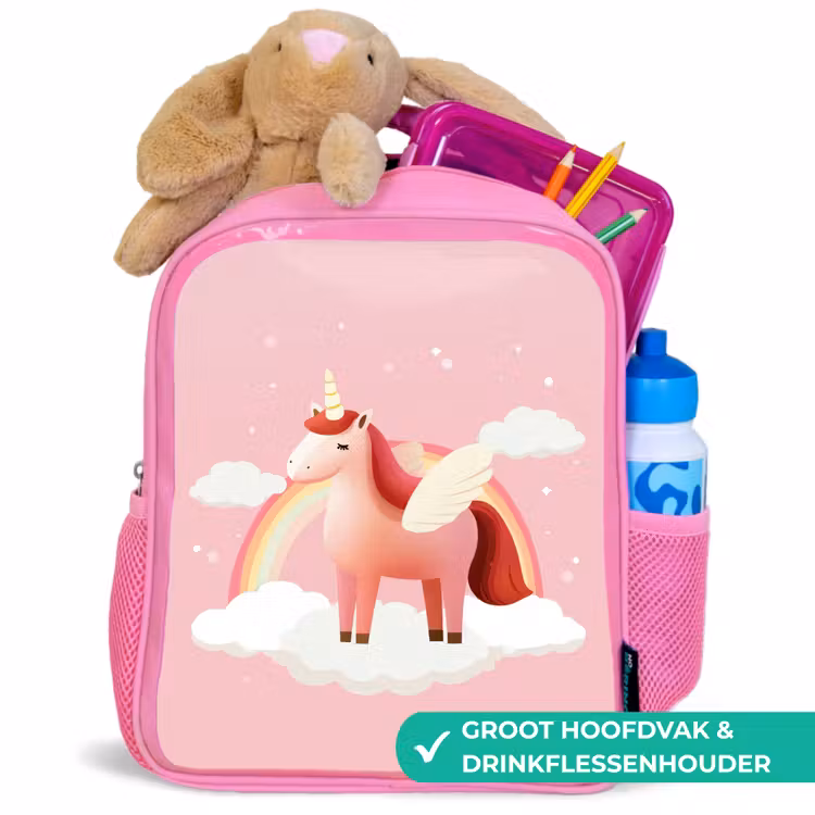 Eenhoorn - Vleugels - Roze - Regenboog Kinderrugzak - Roze middel -inhoud_NL