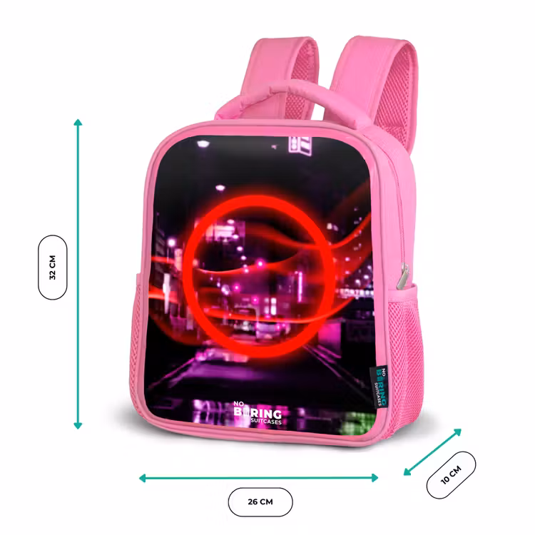 Felrode cirkel boven een neonverlichte stad Kinderrugzak - Roze middel -productfoto_formaten