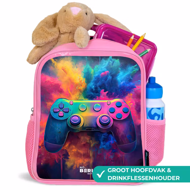 Game - Controller - Kleurrijk - Explosie Kinderrugzak - Roze middel -inhoud_NL