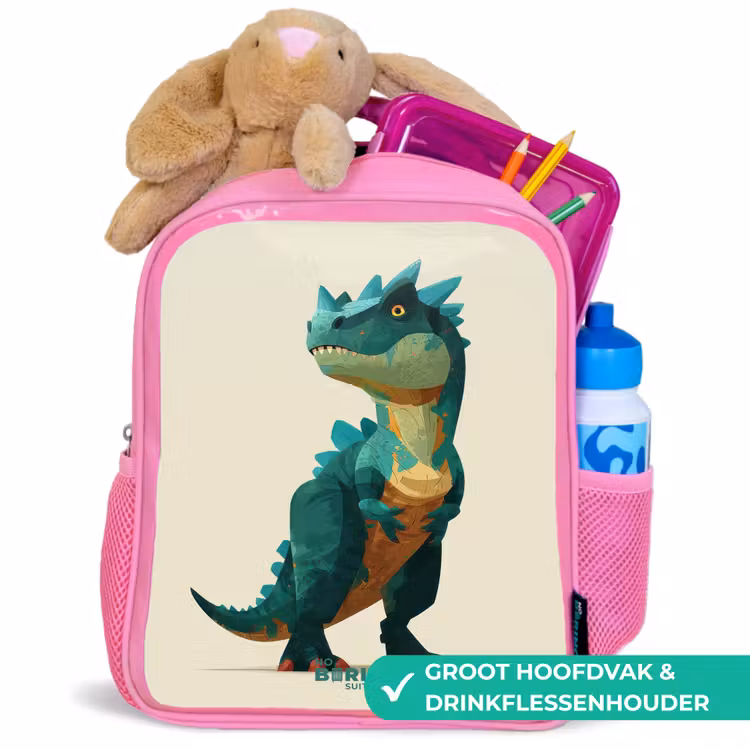 Gehoornde dino met scherpe blik Kinderrugzak - Roze middel -inhoud_NL