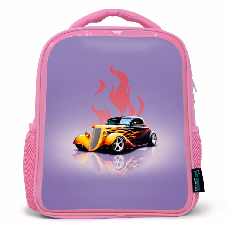 Gele auto met roze vlammen Kinderrugzak - Roze middel -3d