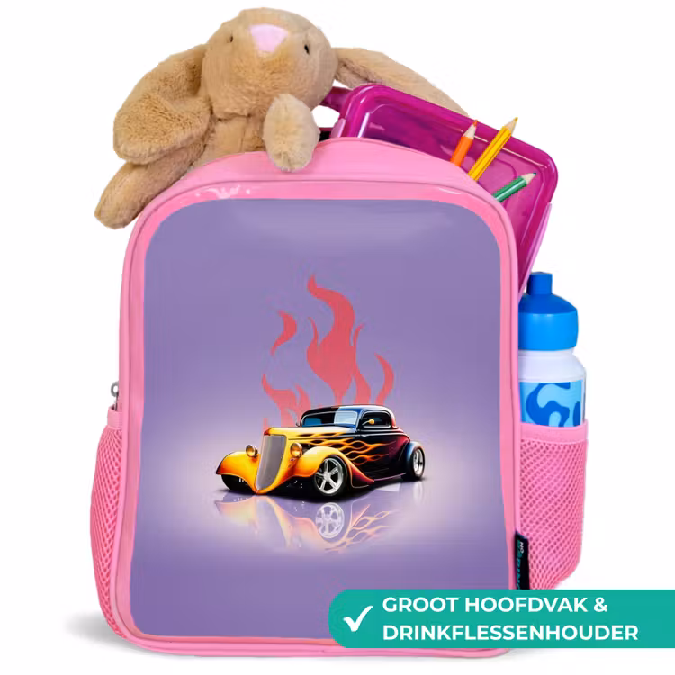 Gele auto met roze vlammen Kinderrugzak - Roze middel -inhoud_NL