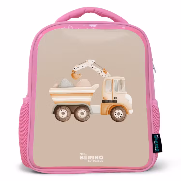Gele kiepwagen in neutrale kleuren Kinderrugzak - Roze middel -3d