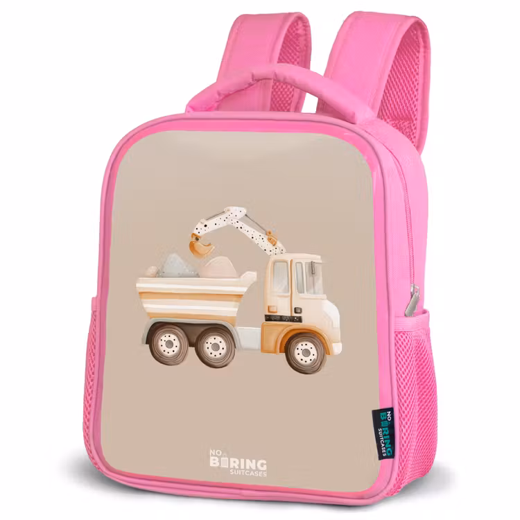 Gele kiepwagen in neutrale kleuren Kinderrugzak - Roze middel -schuin