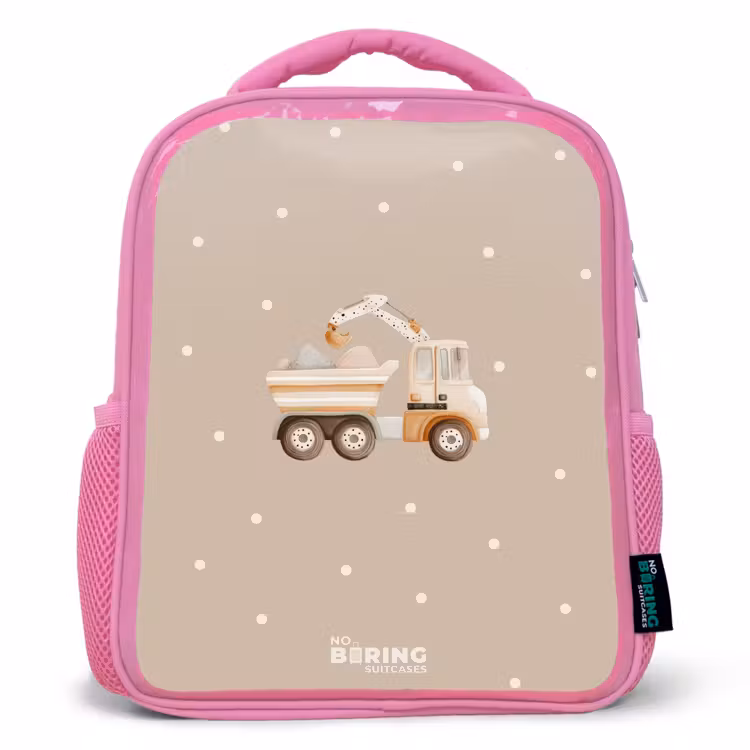 Gele kiepwagen met stenen en stippenpatroon Kinderrugzak - Roze middel -3d