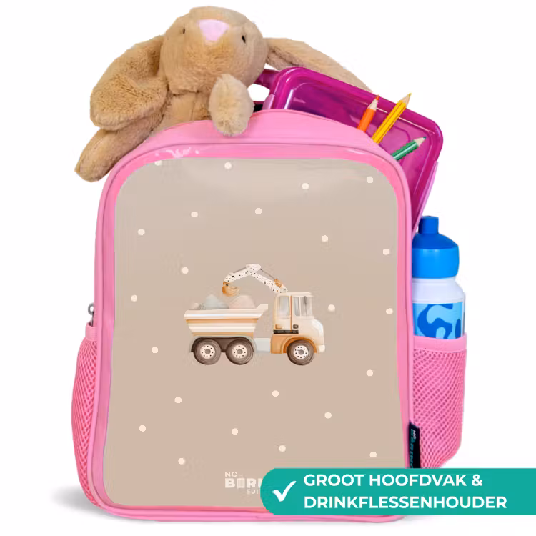 Gele kiepwagen met stenen en stippenpatroon Kinderrugzak - Roze middel -inhoud_NL