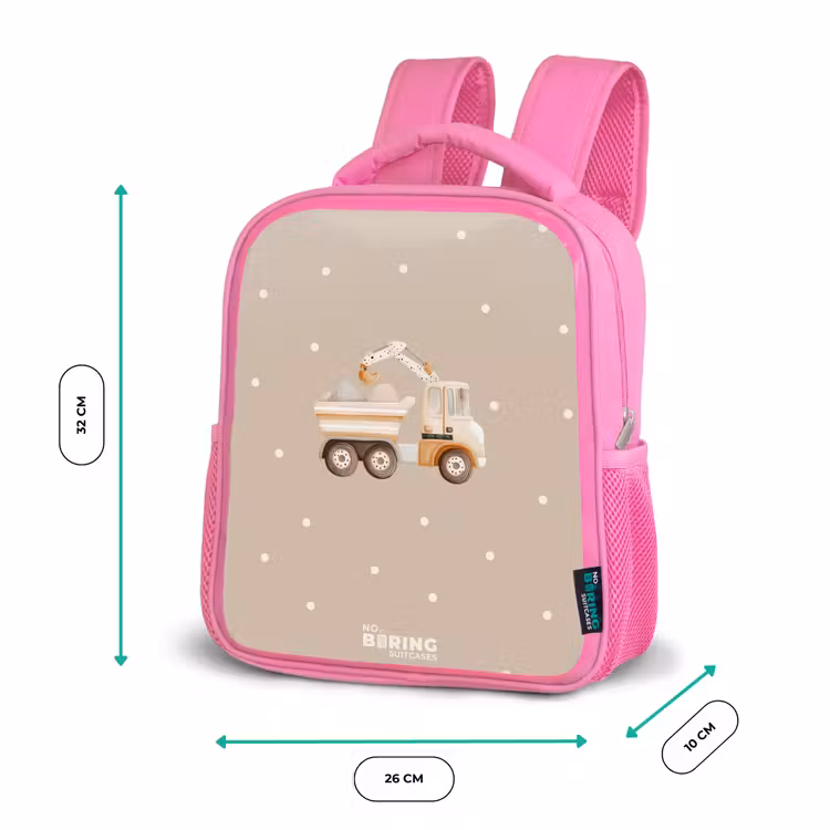 Gele kiepwagen met stenen en stippenpatroon Kinderrugzak - Roze middel -productfoto_formaten
