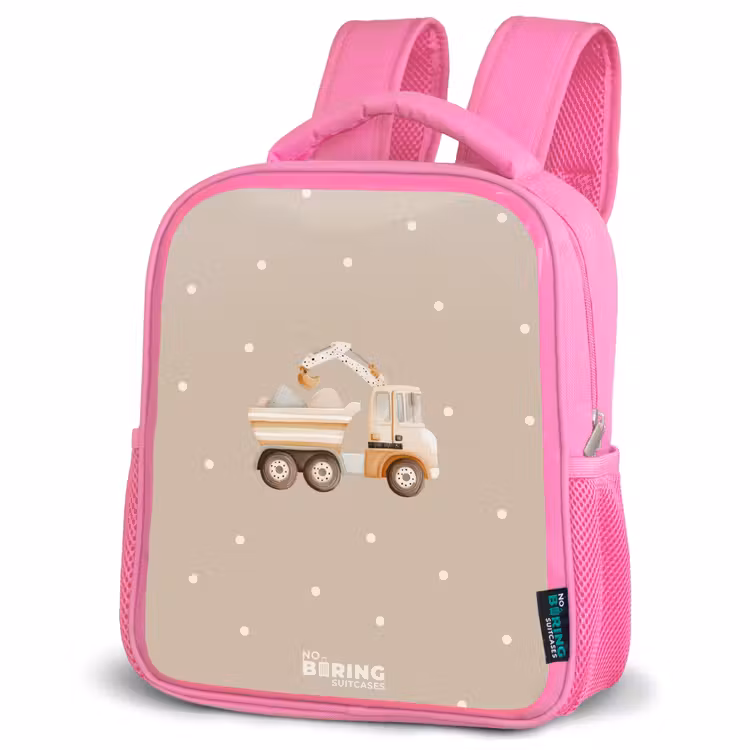 Gele kiepwagen met stenen en stippenpatroon Kinderrugzak - Roze middel -schuin