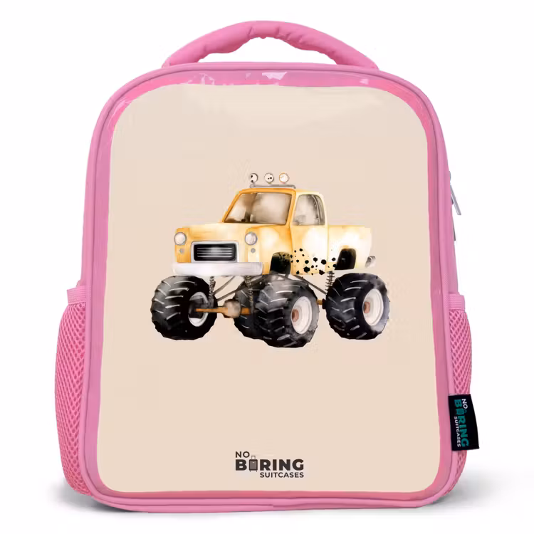 Gele monstertruck op een beige achtergrond Kinderrugzak - Roze middel -3d