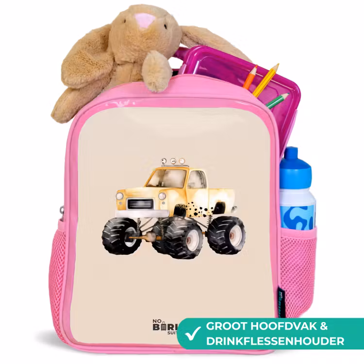 Gele monstertruck op een beige achtergrond Kinderrugzak - Roze middel -inhoud_NL
