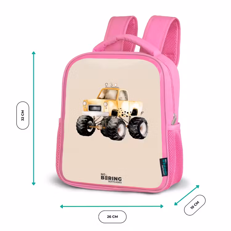Gele monstertruck op een beige achtergrond Kinderrugzak - Roze middel -productfoto_formaten