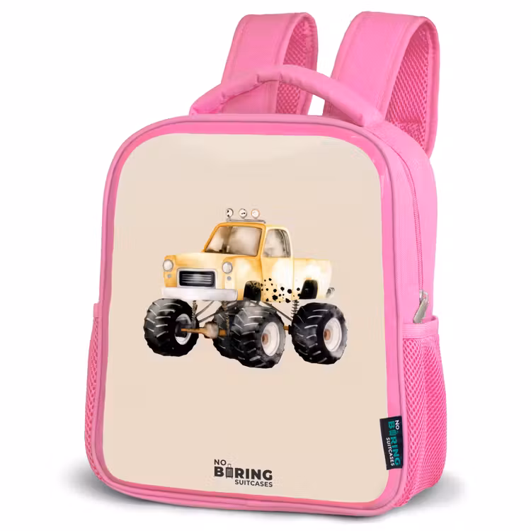 Gele monstertruck op een beige achtergrond Kinderrugzak - Roze middel -schuin