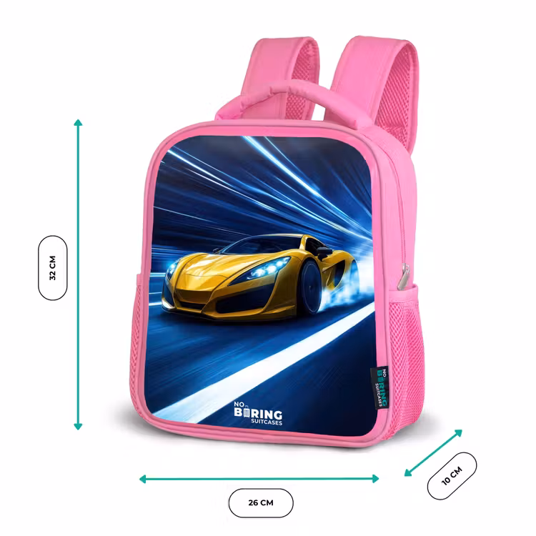 Gele sportwagen in lichttunnel van snelheid Kinderrugzak - Roze middel -productfoto_formaten
