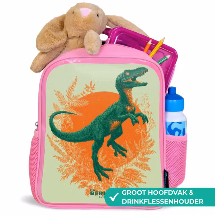 Groene dino tussen varens Kinderrugzak - Roze middel -inhoud_NL