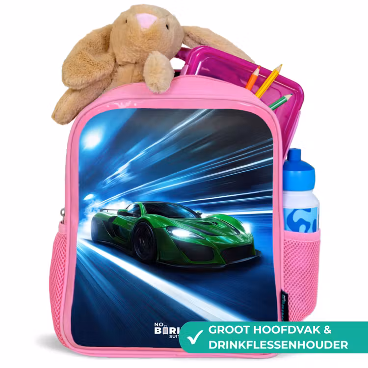 Groene supercar flitst door neonlicht Kinderrugzak - Roze middel -inhoud_NL