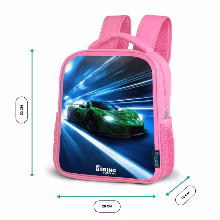Groene supercar flitst door neonlicht Kinderrugzak - Roze middel -productfoto_formaten