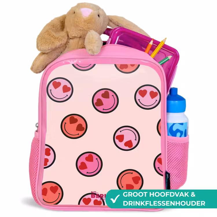Hartje - Smiley - Patroon Kinderrugzak - Roze middel -inhoud_NL