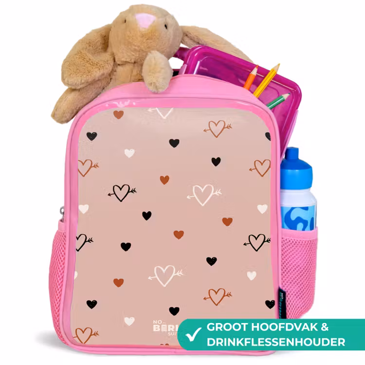 Hartjes met pijlen in zwart, wit en roze Kinderrugzak - Roze middel -inhoud_NL