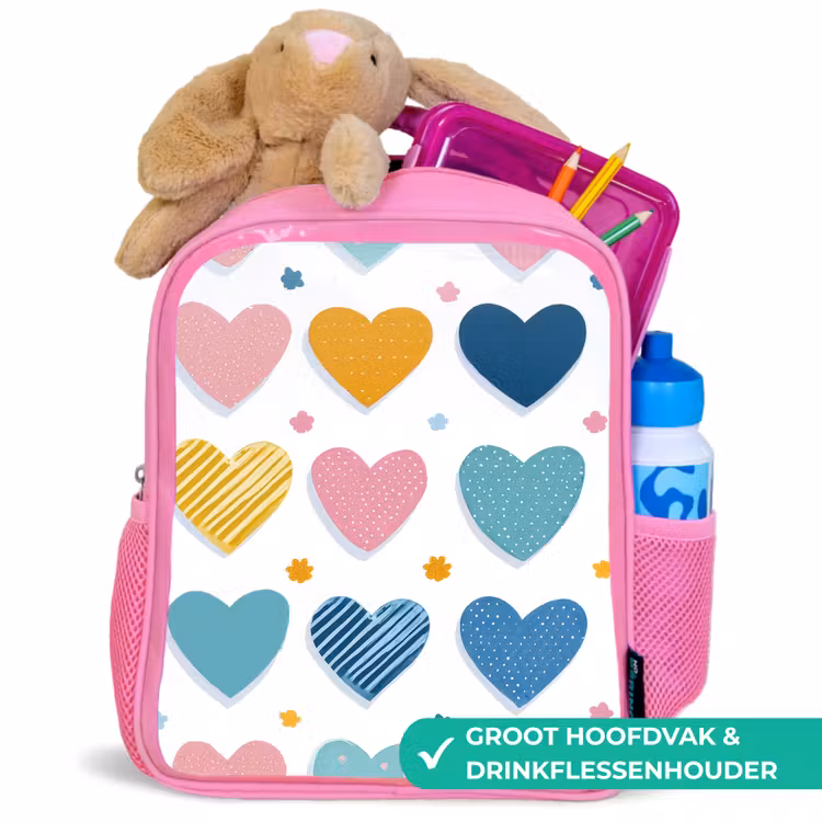 Hartjes - Pastel - Kleurcontrast - Handgetekend Kinderrugzak - Roze middel -inhoud_NL
