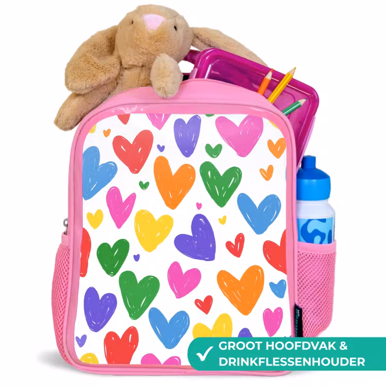 Hartjes - Patroon - Kleurrijk - Tekening Kinderrugzak - Roze middel -inhoud_NL