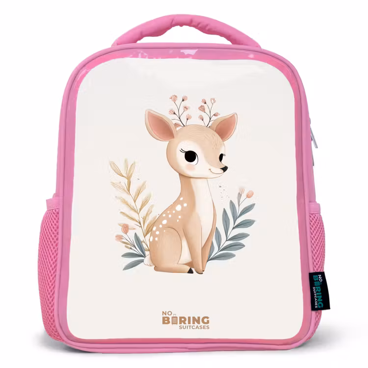 Hertje omringd door planten in beige tinten Kinderrugzak - Roze middel -3d