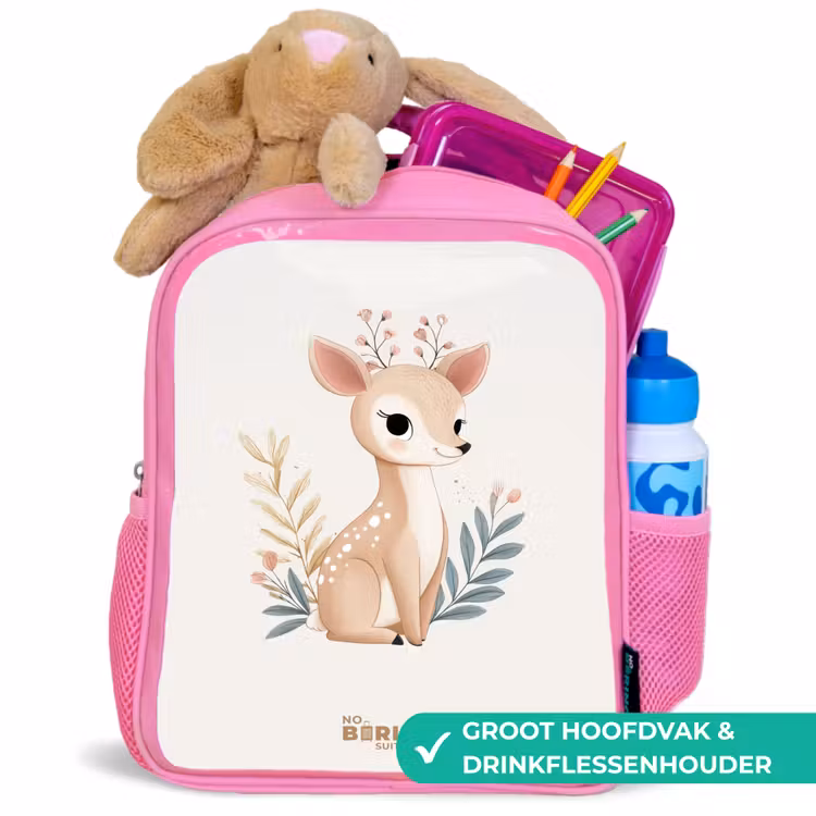 Hertje omringd door planten in beige tinten Kinderrugzak - Roze middel -inhoud_NL