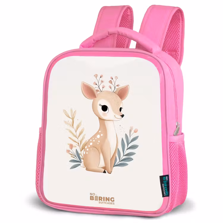 Hertje omringd door planten in beige tinten Kinderrugzak - Roze middel -schuin