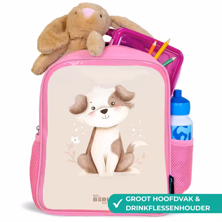 Hond in de kleuren bruin en beige Kinderrugzak - Roze middel -inhoud_NL