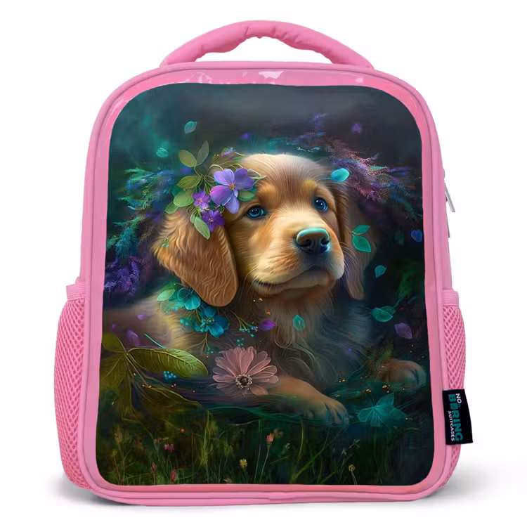 Hond - Puppy - Bloemen - Natuur - Golden retriever Kinderrugzak - Roze middel -3d