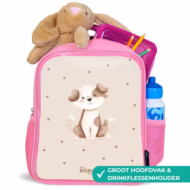 Honden pup omringd door bruine stippen Kinderrugzak - Roze middel -inhoud_NL