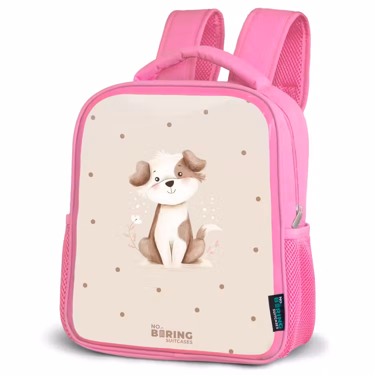 Honden pup omringd door bruine stippen Kinderrugzak - Roze middel -schuin