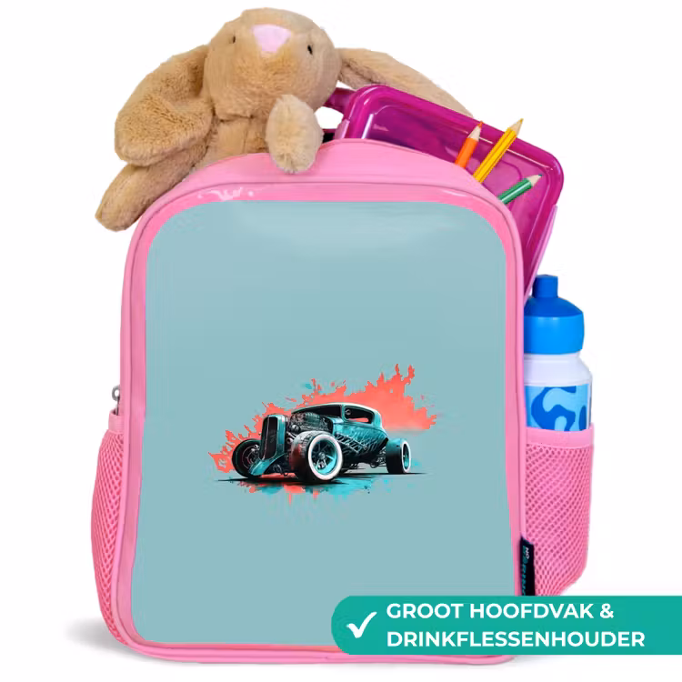 Hotrod turquoise Kinderrugzak - Roze middel -inhoud_NL