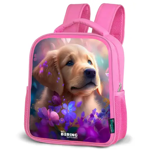 Jonge hond tussen felgekleurde bloemen Kinderrugzak - Roze middel -schuin